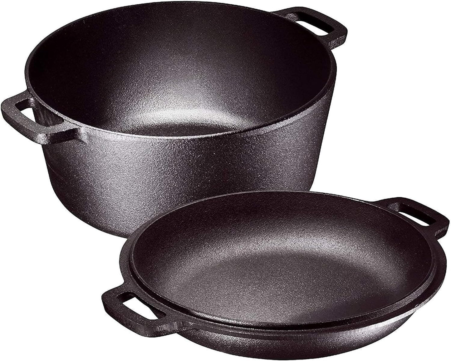 2-In-1 Pre-Seasoned Cast Iron Dutch Oven with Skillet Lid - 5 Qt round Cast Iron Pot for Bread, Casserole, Braising - Heavy Duty Enamel Cookware Set, Double Dutch Oven - 13.5 X 7-Inch, Black