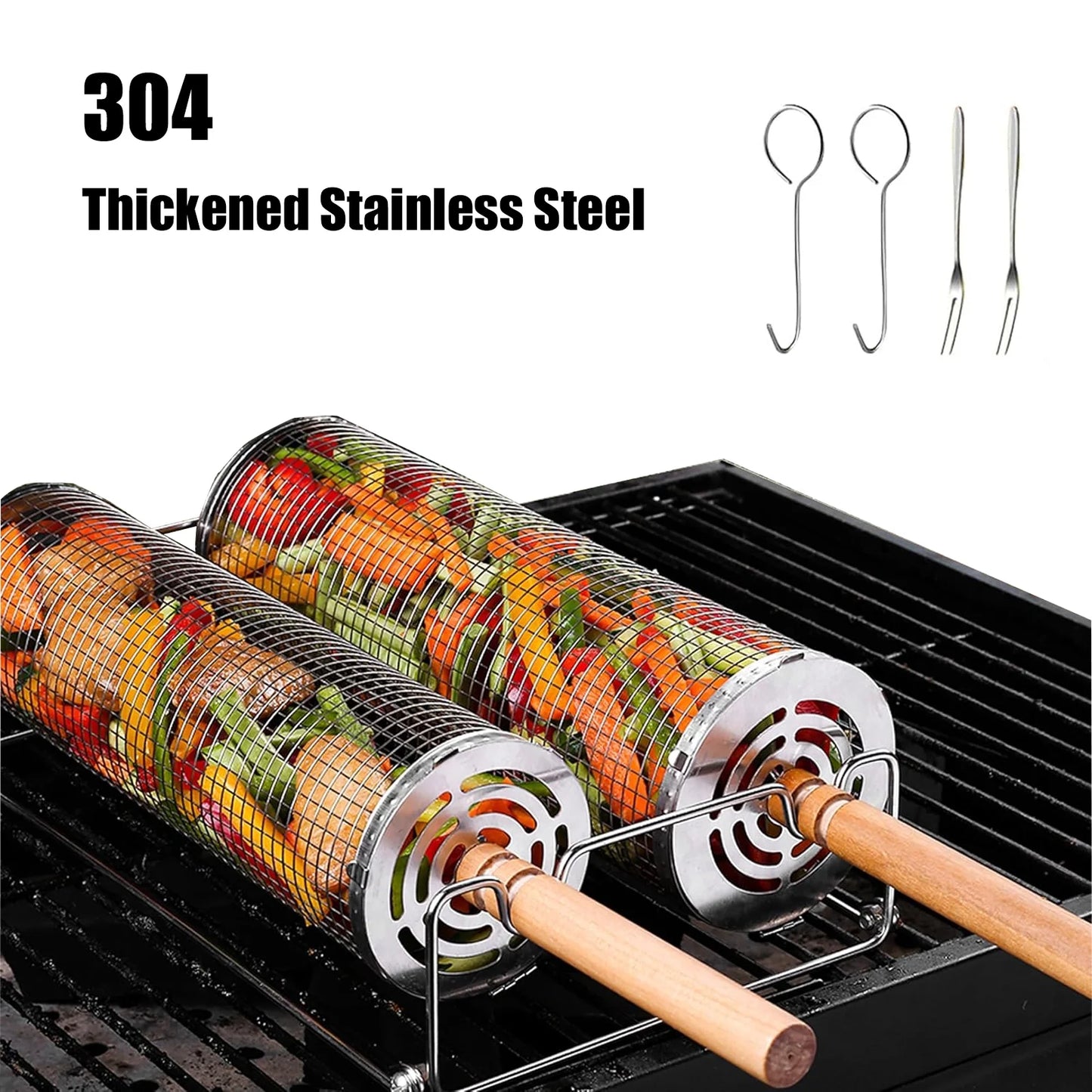 Rolling Grilling Baskets for Outdoor Grill BBQ Stainless Steel Holder Barbecue Cylinder Cage Cooking Accessories for Veggies Vegetable Camping