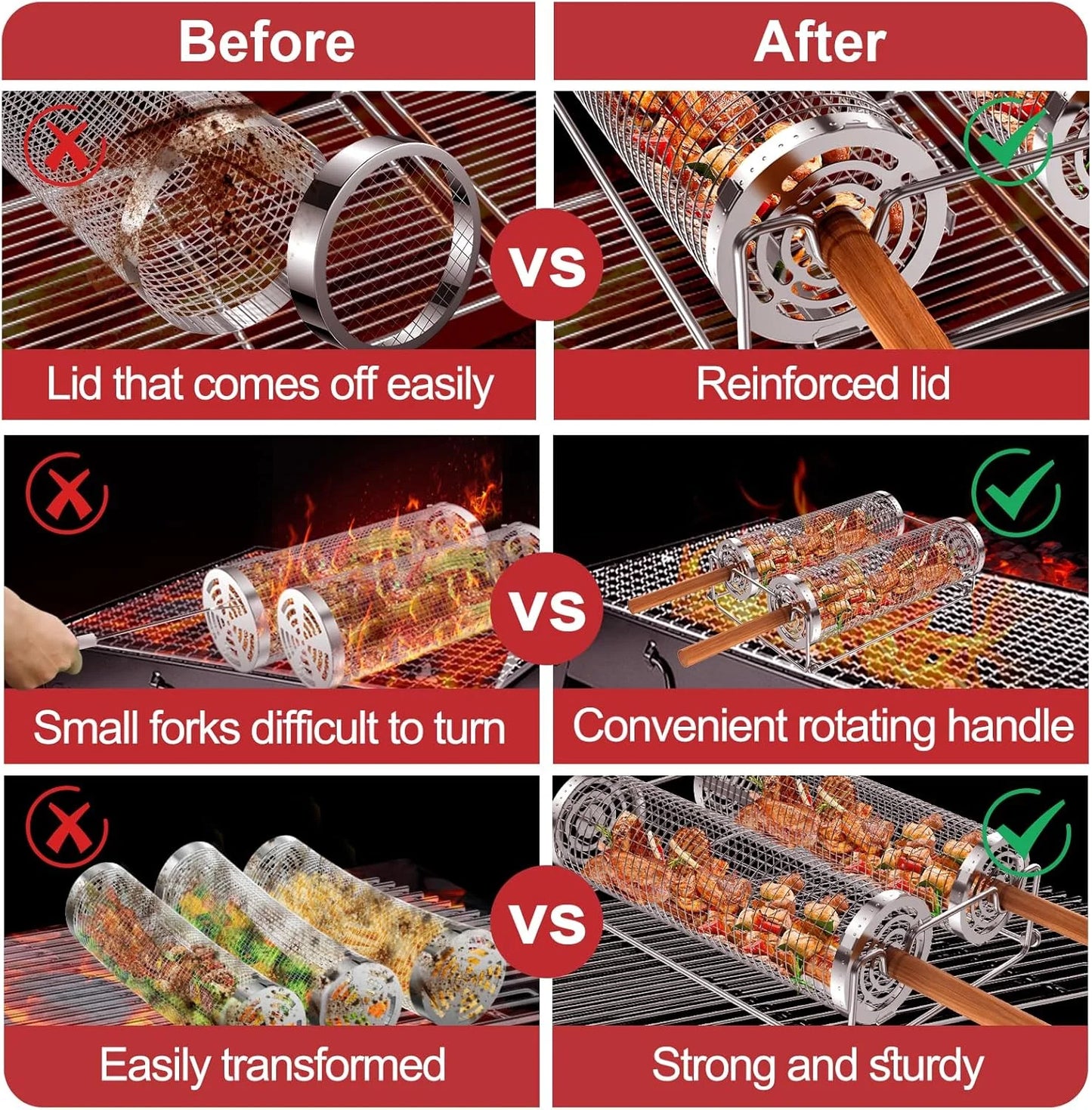 Rolling Grilling Baskets for Outdoor Grill BBQ Stainless Steel Holder Barbecue Cylinder Cage Cooking Accessories for Veggies Vegetable Camping