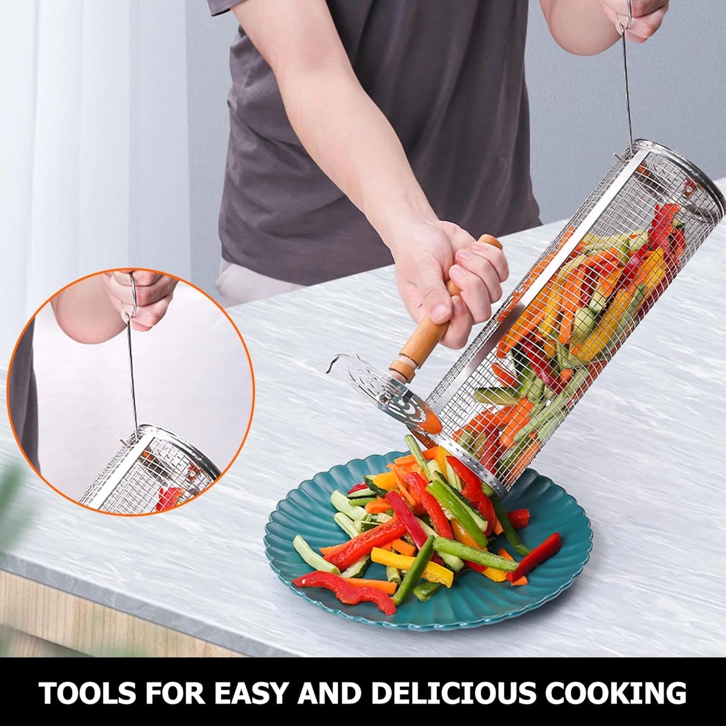 Rolling Grilling Baskets for Outdoor Grill BBQ Stainless Steel Holder Barbecue Cylinder Cage Cooking Accessories for Veggies Vegetable Camping