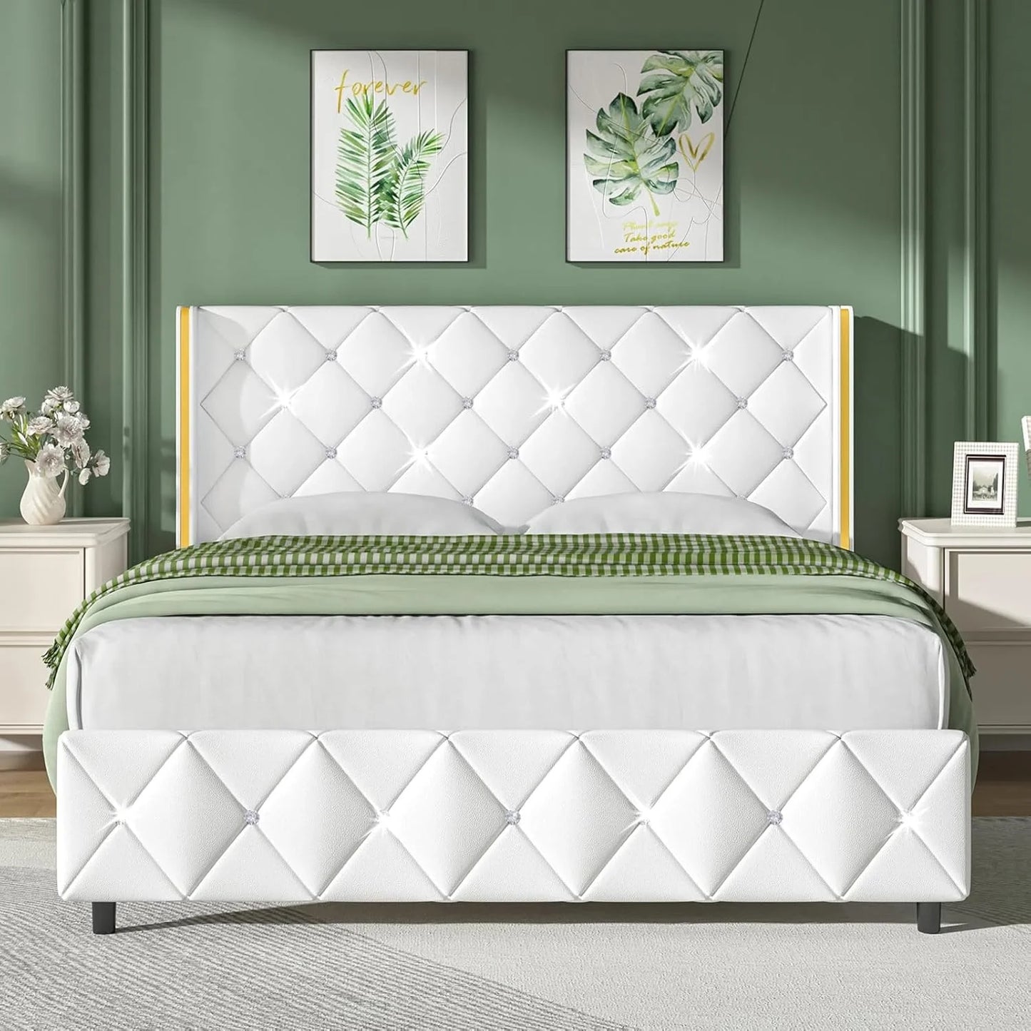 Queen Bed Frame, Upholstered Platform Queen Bed Frame with Headboard for Bedroom, No Box Spring Needed, Beige