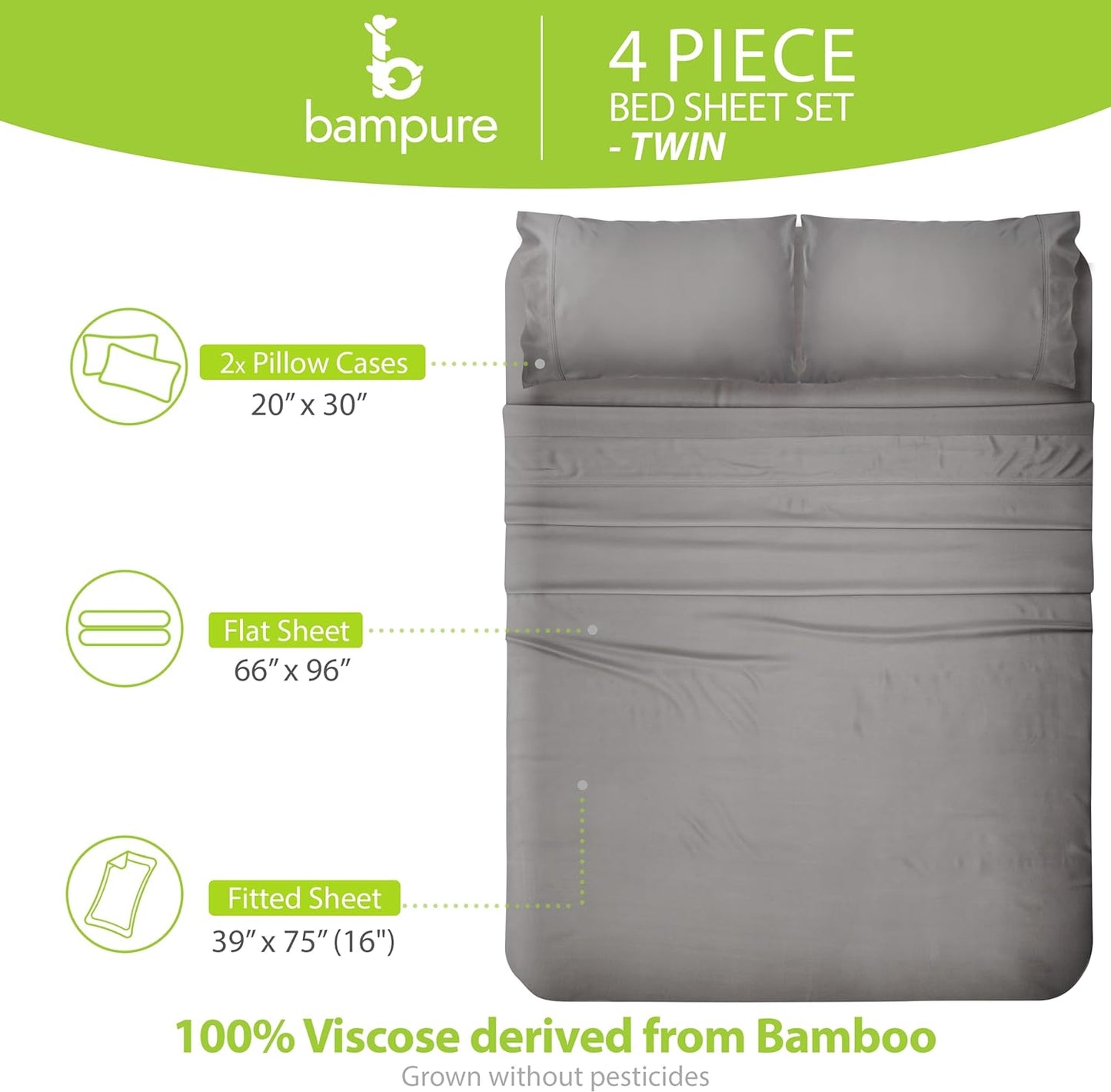 100% Viscose Derived from Bamboo Sheets Twin - 4PC Set - Super Soft Cooling Sheets - up to 16’’ Deep Pocket - Luxury Series - 1 Flat Sheet,1 Fitted Sheet,2 Pillowcases (Twin Stone Grey)