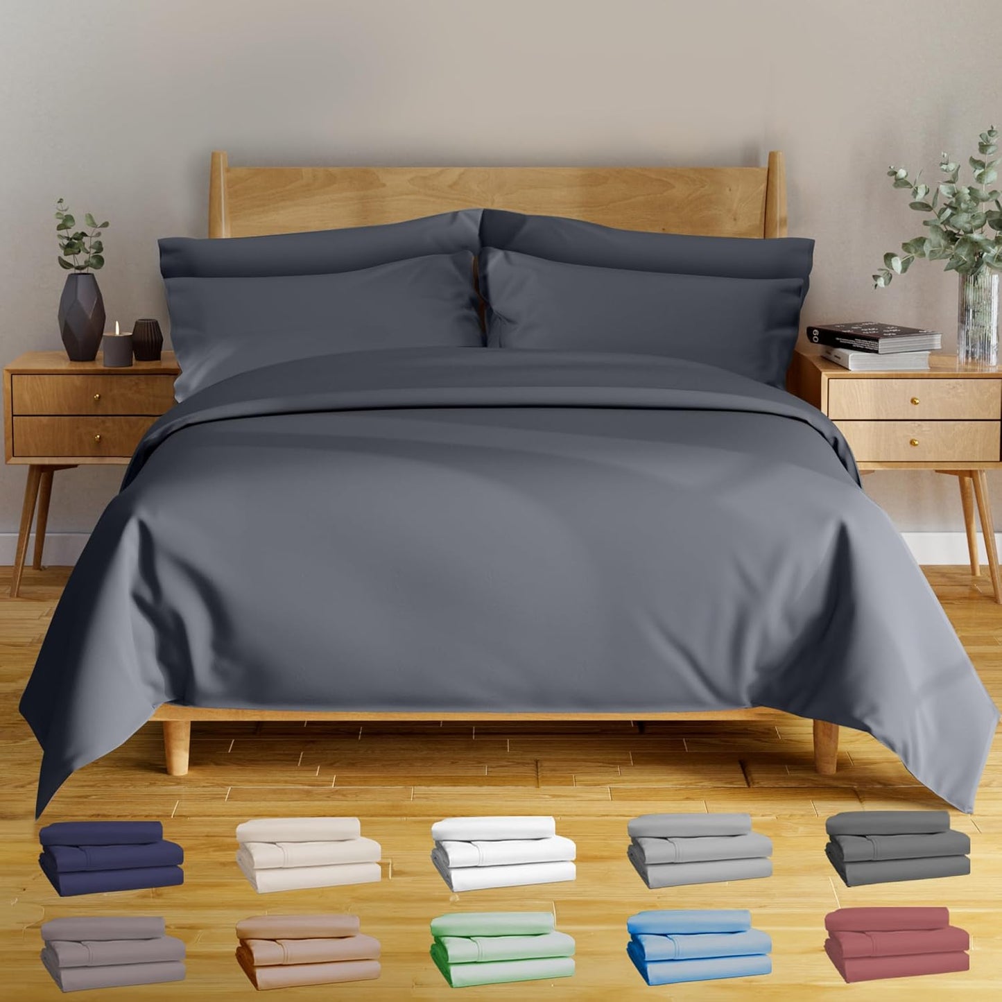 100% Viscose Derived from Bamboo Sheets Twin - 4PC Set - Super Soft Cooling Sheets - up to 16’’ Deep Pocket - Luxury Series - 1 Flat Sheet,1 Fitted Sheet,2 Pillowcases (Twin Stone Grey)