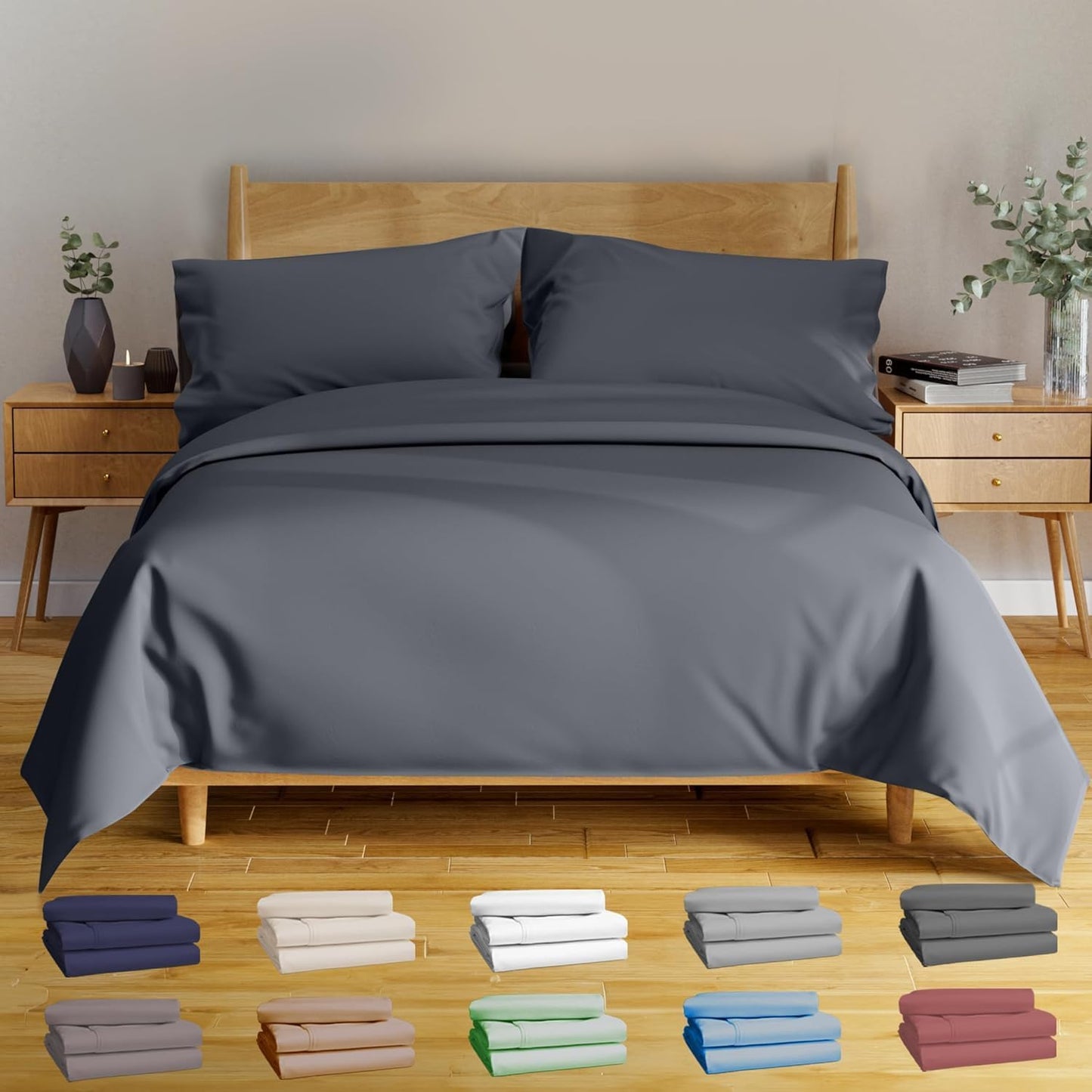 100% Viscose Derived from Bamboo Sheets Twin - 4PC Set - Super Soft Cooling Sheets - up to 16’’ Deep Pocket - Luxury Series - 1 Flat Sheet,1 Fitted Sheet,2 Pillowcases (Twin Stone Grey)