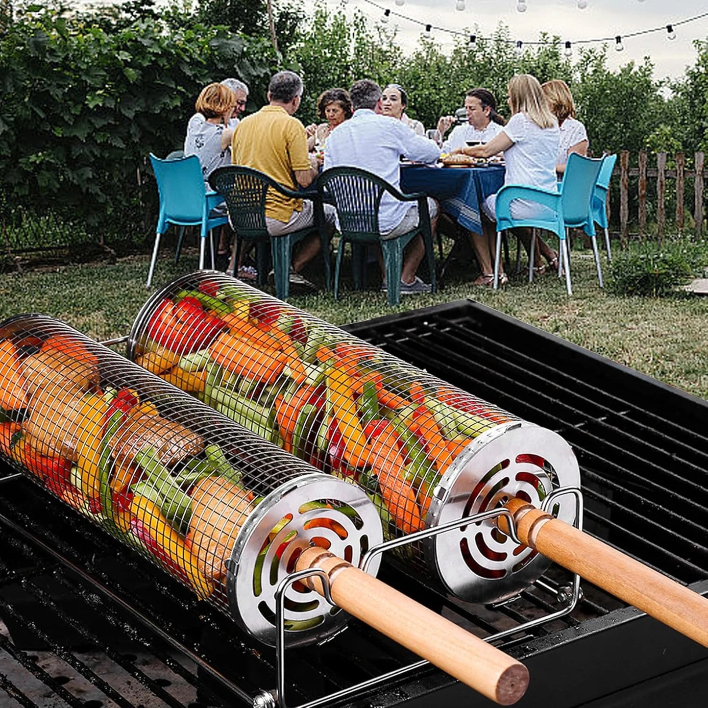 Rolling Grilling Baskets for Outdoor Grill BBQ Stainless Steel Holder Barbecue Cylinder Cage Cooking Accessories for Veggies Vegetable Camping