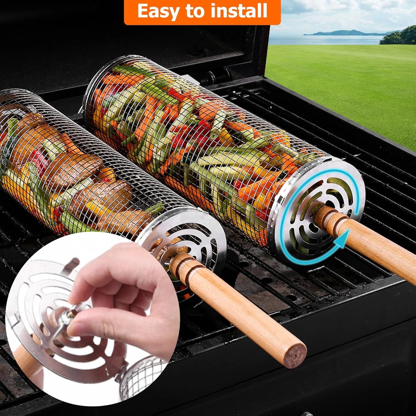 Rolling Grilling Baskets for Outdoor Grill BBQ Stainless Steel Holder Barbecue Cylinder Cage Cooking Accessories for Veggies Vegetable Camping