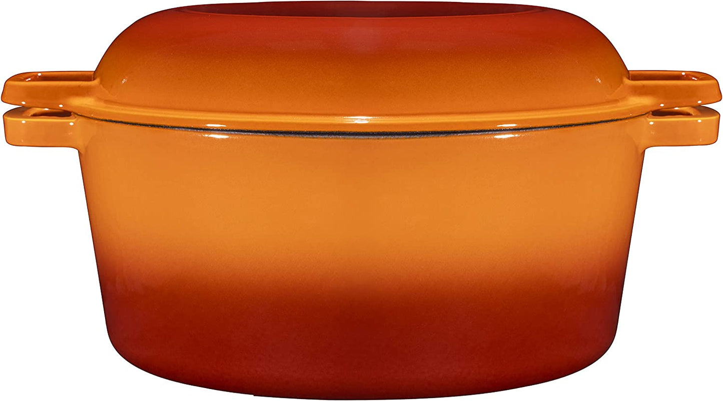 2-In-1 Pre-Seasoned Cast Iron Dutch Oven with Skillet Lid - 5 Qt round Cast Iron Pot for Bread, Casserole, Braising - Heavy Duty Enamel Cookware Set, Double Dutch Oven - 13.5 X 7-Inch, Black