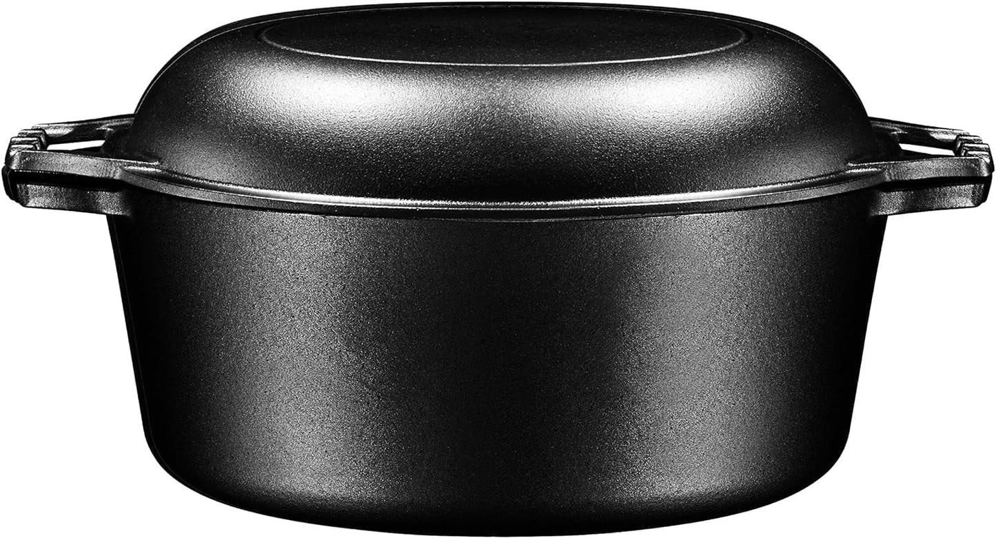 2-In-1 Pre-Seasoned Cast Iron Dutch Oven with Skillet Lid - 5 Qt round Cast Iron Pot for Bread, Casserole, Braising - Heavy Duty Enamel Cookware Set, Double Dutch Oven - 13.5 X 7-Inch, Black