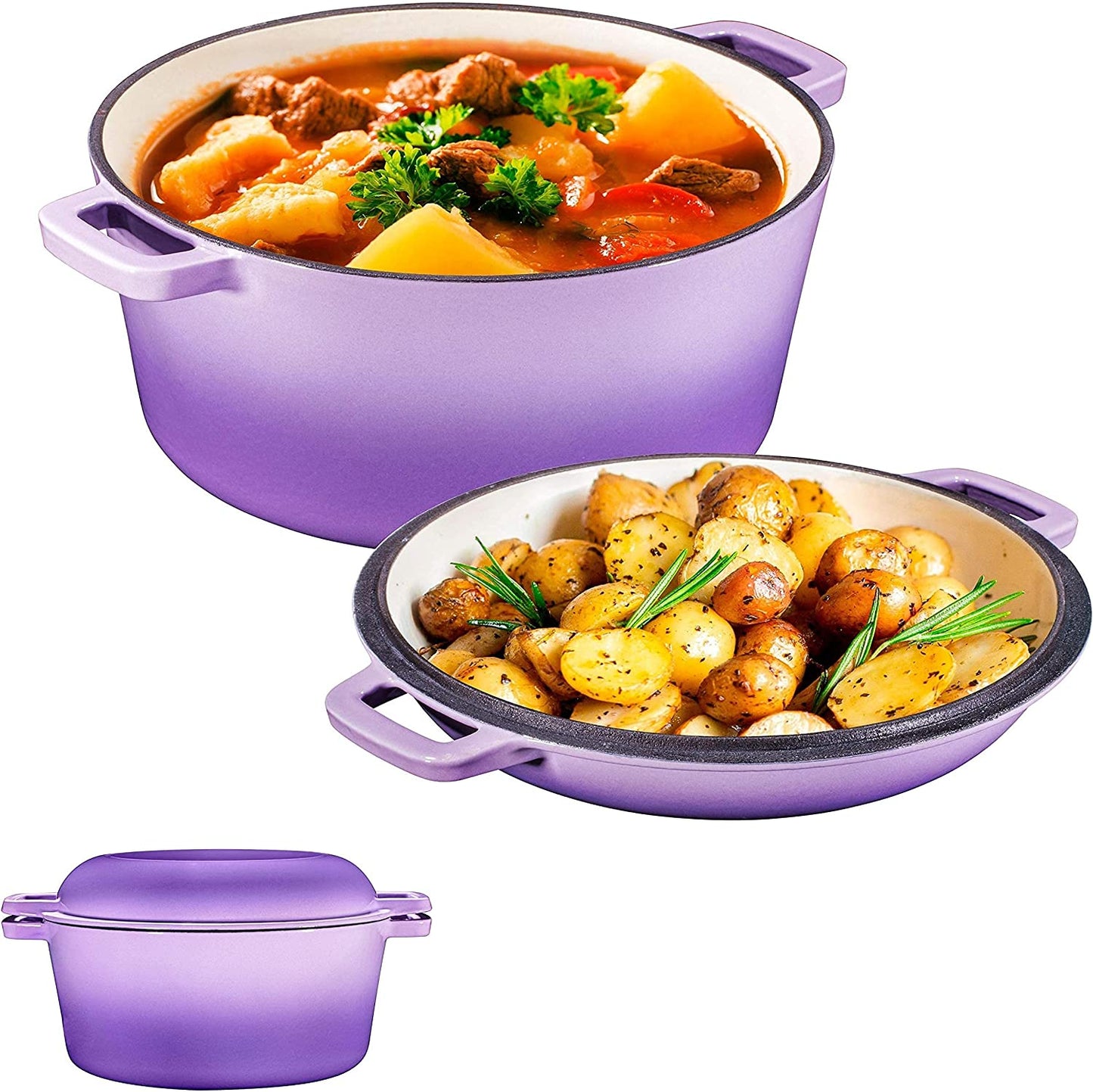 2-In-1 Pre-Seasoned Cast Iron Dutch Oven with Skillet Lid - 5 Qt round Cast Iron Pot for Bread, Casserole, Braising - Heavy Duty Enamel Cookware Set, Double Dutch Oven - 13.5 X 7-Inch, Black