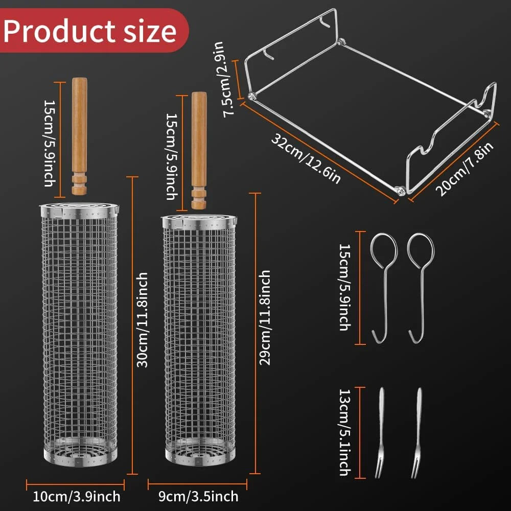 Rolling Grilling Baskets for Outdoor Grill BBQ Stainless Steel Holder Barbecue Cylinder Cage Cooking Accessories for Veggies Vegetable Camping