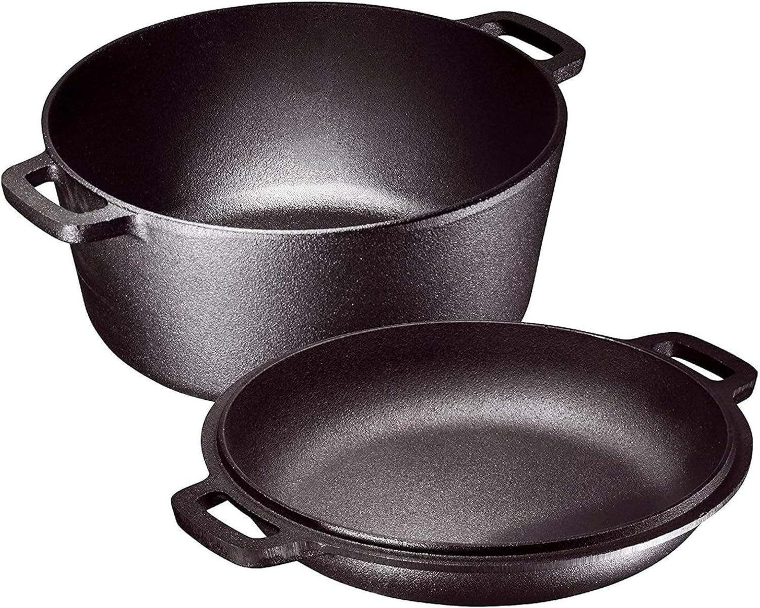 2-In-1 Pre-Seasoned Cast Iron Dutch Oven with Skillet Lid - 5 Qt round Cast Iron Pot for Bread, Casserole, Braising - Heavy Duty Enamel Cookware Set, Double Dutch Oven - 13.5 X 7-Inch, Black