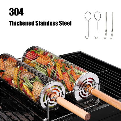 Rolling Grilling Baskets for Outdoor Grill BBQ Stainless Steel Holder Barbecue Cylinder Cage Cooking Accessories for Veggies Vegetable Camping