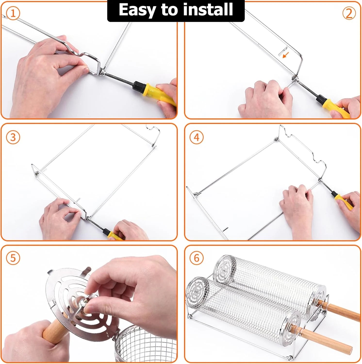 Rolling Grilling Baskets for Outdoor Grill BBQ Stainless Steel Holder Barbecue Cylinder Cage Cooking Accessories for Veggies Vegetable Camping