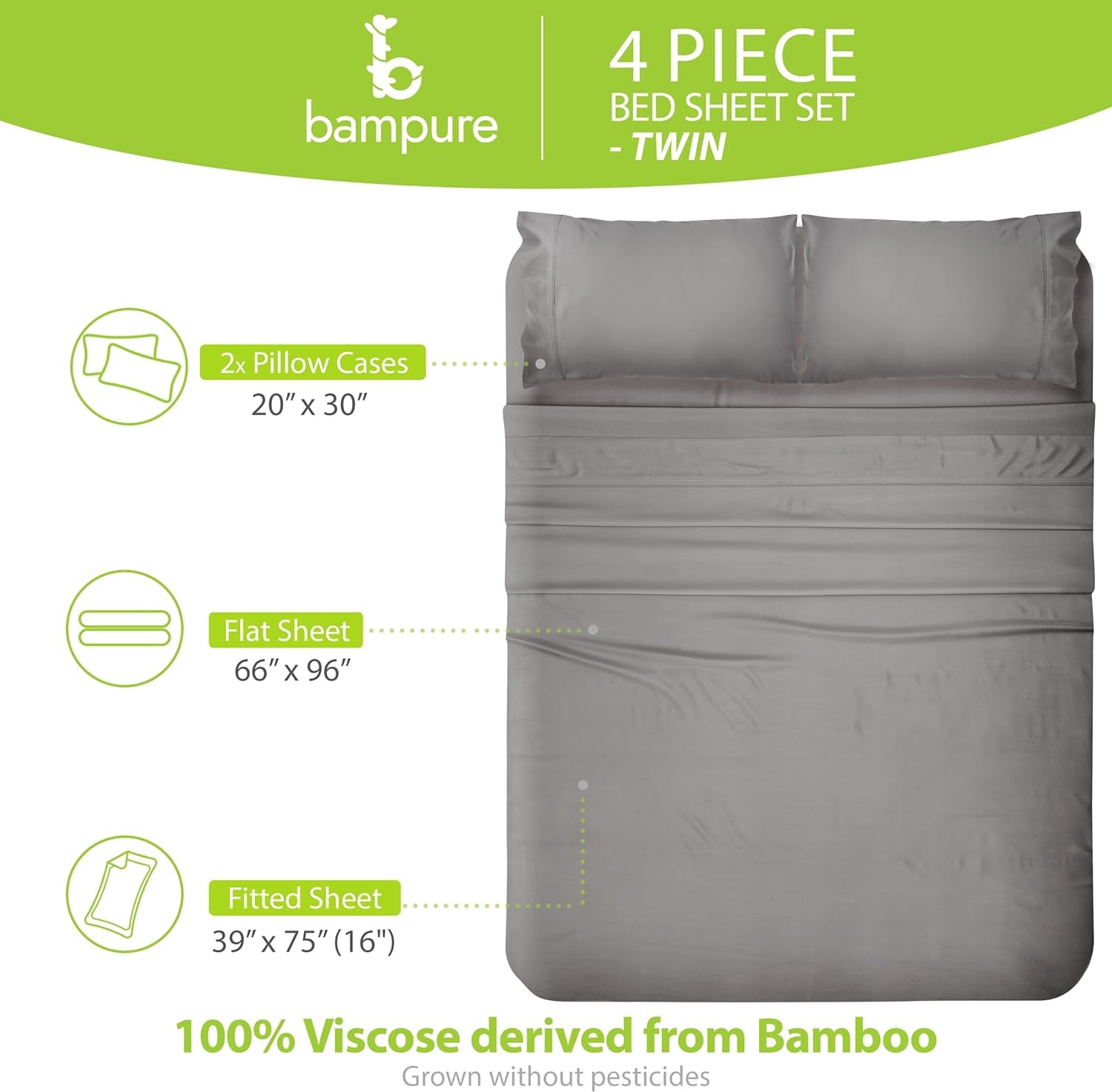 100% Viscose Derived from Bamboo Sheets Twin - 4PC Set - Super Soft Cooling Sheets - up to 16’’ Deep Pocket - Luxury Series - 1 Flat Sheet,1 Fitted Sheet,2 Pillowcases (Twin Stone Grey)