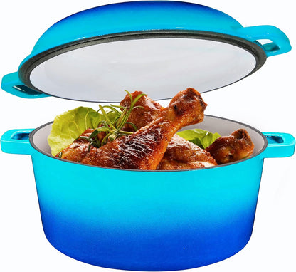 2-In-1 Pre-Seasoned Cast Iron Dutch Oven with Skillet Lid - 5 Qt round Cast Iron Pot for Bread, Casserole, Braising - Heavy Duty Enamel Cookware Set, Double Dutch Oven - 13.5 X 7-Inch, Black